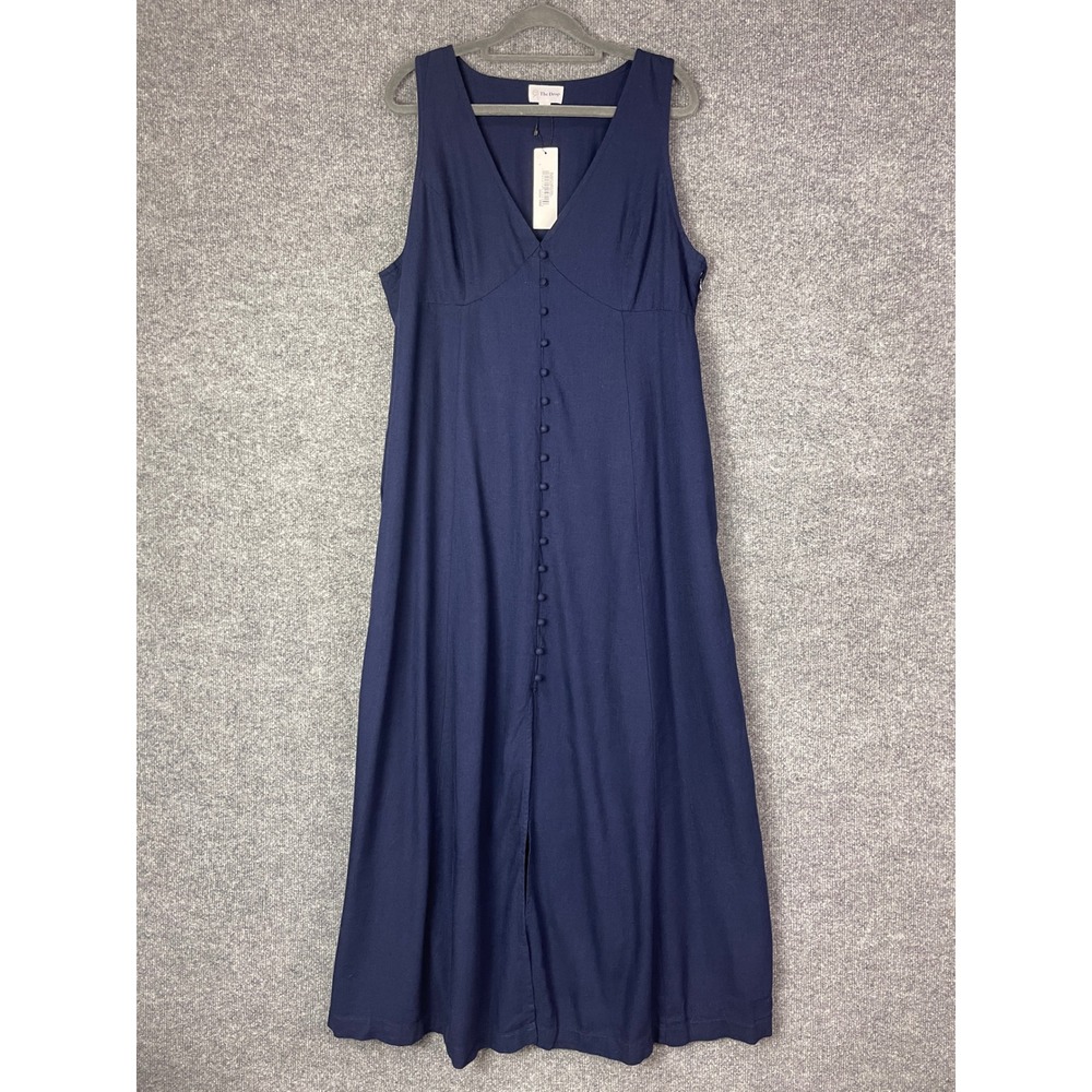 NEW The Drop Blanca V-Neck Maxi Dress L Navy Linen Blend Button Front